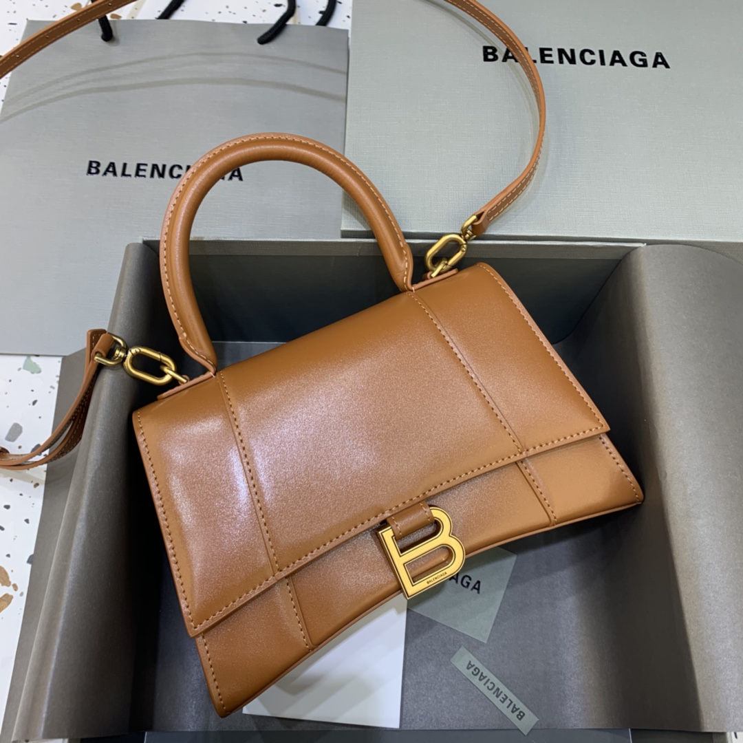 Balenciaga Hourglass Small Handbag Box Calfskin Shoulder Bag Brown